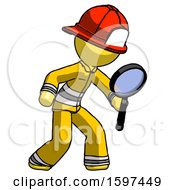 Poster, Art Print Of Yellow Firefighter Fireman Man Inspecting With Large Magnifying Glass Right