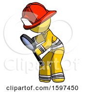 Poster, Art Print Of Yellow Firefighter Fireman Man Inspecting With Large Magnifying Glass Left