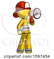 Poster, Art Print Of Yellow Firefighter Fireman Man Shouting Into Megaphone Bullhorn Facing Right