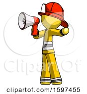 Poster, Art Print Of Yellow Firefighter Fireman Man Shouting Into Megaphone Bullhorn Facing Left