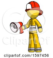 Poster, Art Print Of Yellow Firefighter Fireman Man Holding Megaphone Bullhorn Facing Right