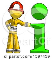 Poster, Art Print Of Yellow Firefighter Fireman Man With Info Symbol Leaning Up Against It