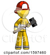 Poster, Art Print Of Yellow Firefighter Fireman Man With Sledgehammer Standing Ready To Work Or Defend