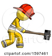 Poster, Art Print Of Yellow Firefighter Fireman Man Hitting With Sledgehammer Or Smashing Something