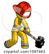 Poster, Art Print Of Yellow Firefighter Fireman Man Hitting With Sledgehammer Or Smashing Something At Angle