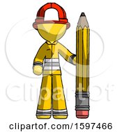 Poster, Art Print Of Yellow Firefighter Fireman Man With Large Pencil Standing Ready To Write