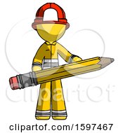 Poster, Art Print Of Yellow Firefighter Fireman Man Writer Or Blogger Holding Large Pencil