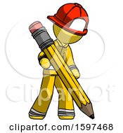 Poster, Art Print Of Yellow Firefighter Fireman Man Writing With Large Pencil