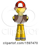 Poster, Art Print Of Yellow Firefighter Fireman Man Reading Book While Standing Up Facing Viewer