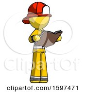 Yellow Firefighter Fireman Man Reading Book While Standing Up Facing Away