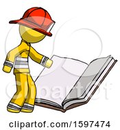 Yellow Firefighter Fireman Man Reading Big Book While Standing Beside It