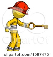 Poster, Art Print Of Yellow Firefighter Fireman Man With Big Key Of Gold Opening Something