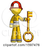 Yellow Firefighter Fireman Man Holding Key Made Of Gold