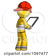 Poster, Art Print Of Yellow Firefighter Fireman Man Looking At Tablet Device Computer Facing Away