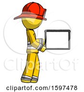 Poster, Art Print Of Yellow Firefighter Fireman Man Show Tablet Device Computer To Viewer Blank Area