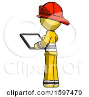 Poster, Art Print Of Yellow Firefighter Fireman Man Looking At Tablet Device Computer With Back To Viewer