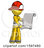 Poster, Art Print Of Yellow Firefighter Fireman Man Holding Blueprints Or Scroll