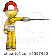 Poster, Art Print Of Yellow Firefighter Fireman Man Standing With Ninja Sword Katana Pointing Right