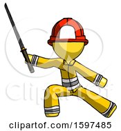 Poster, Art Print Of Yellow Firefighter Fireman Man With Ninja Sword Katana In Defense Pose