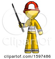 Poster, Art Print Of Yellow Firefighter Fireman Man Standing Up With Ninja Sword Katana