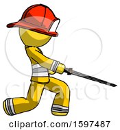 Poster, Art Print Of Yellow Firefighter Fireman Man With Ninja Sword Katana Slicing Or Striking Something