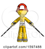 Yellow Firefighter Fireman Man Posing With Two Ninja Sword Katanas