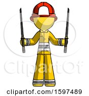 Yellow Firefighter Fireman Man Posing With Two Ninja Sword Katanas Up