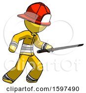 Poster, Art Print Of Yellow Firefighter Fireman Man Stabbing With Ninja Sword Katana