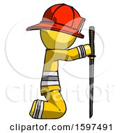 Poster, Art Print Of Yellow Firefighter Fireman Man Kneeling With Ninja Sword Katana Showing Respect