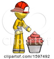 Poster, Art Print Of Yellow Firefighter Fireman Man With Giant Cupcake Dessert