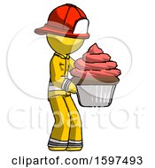 Poster, Art Print Of Yellow Firefighter Fireman Man Holding Large Cupcake Ready To Eat Or Serve