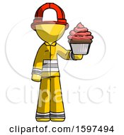 Poster, Art Print Of Yellow Firefighter Fireman Man Presenting Pink Cupcake To Viewer