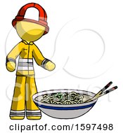 Poster, Art Print Of Yellow Firefighter Fireman Man And Noodle Bowl Giant Soup Restaraunt Concept