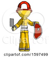 Poster, Art Print Of Yellow Firefighter Fireman Man Holding Large Steak With Butcher Knife