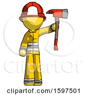 Poster, Art Print Of Yellow Firefighter Fireman Man Holding Up Red Firefighters Ax