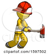 Poster, Art Print Of Yellow Firefighter Fireman Man With Ax Hitting Striking Or Chopping