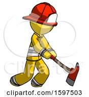 Poster, Art Print Of Yellow Firefighter Fireman Man Striking With A Red Firefighters Ax