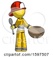 Poster, Art Print Of Yellow Firefighter Fireman Man With Empty Bowl And Spoon Ready To Make Something