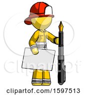 Poster, Art Print Of Yellow Firefighter Fireman Man Holding Large Envelope And Calligraphy Pen