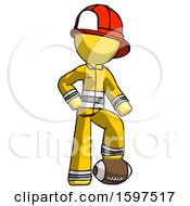 Poster, Art Print Of Yellow Firefighter Fireman Man Standing With Foot On Football