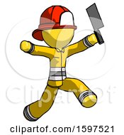 Poster, Art Print Of Yellow Firefighter Fireman Man Psycho Running With Meat Cleaver