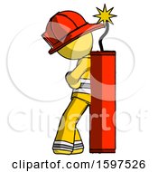 Poster, Art Print Of Yellow Firefighter Fireman Man Leaning Against Dynimate Large Stick Ready To Blow