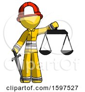 Poster, Art Print Of Yellow Firefighter Fireman Man Justice Concept With Scales And Sword Justicia Derived