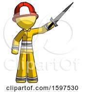 Poster, Art Print Of Yellow Firefighter Fireman Man Holding Sword In The Air Victoriously