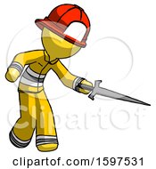 Poster, Art Print Of Yellow Firefighter Fireman Man Sword Pose Stabbing Or Jabbing