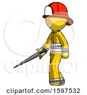 Poster, Art Print Of Yellow Firefighter Fireman Man With Sword Walking Confidently