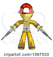 Poster, Art Print Of Yellow Firefighter Fireman Man Two Sword Defense Pose