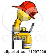 Poster, Art Print Of Yellow Firefighter Fireman Man Using Laptop Computer While Sitting In Chair View From Side
