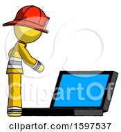 Poster, Art Print Of Yellow Firefighter Fireman Man Using Large Laptop Computer Side Orthographic View