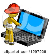 Poster, Art Print Of Yellow Firefighter Fireman Man Using Large Laptop Computer